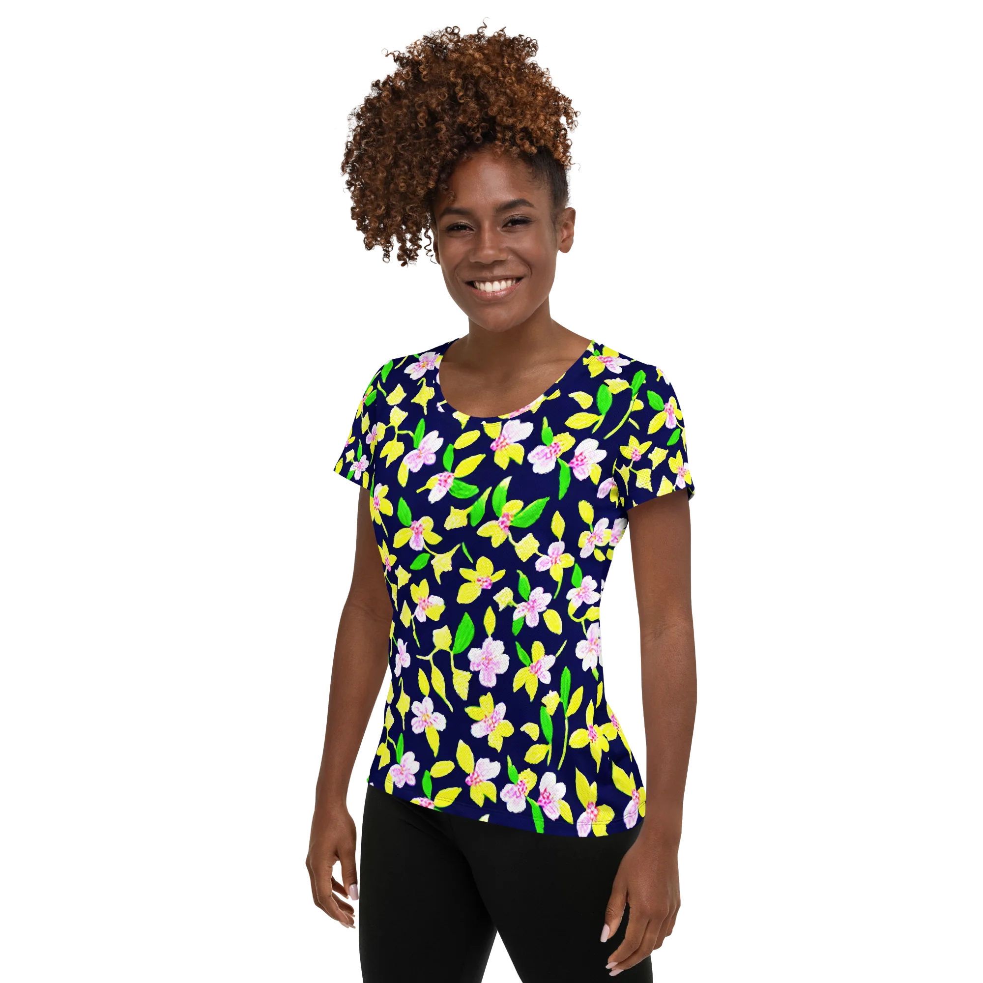 Navy Blossom on Women's Athletic T-Shirt — Left