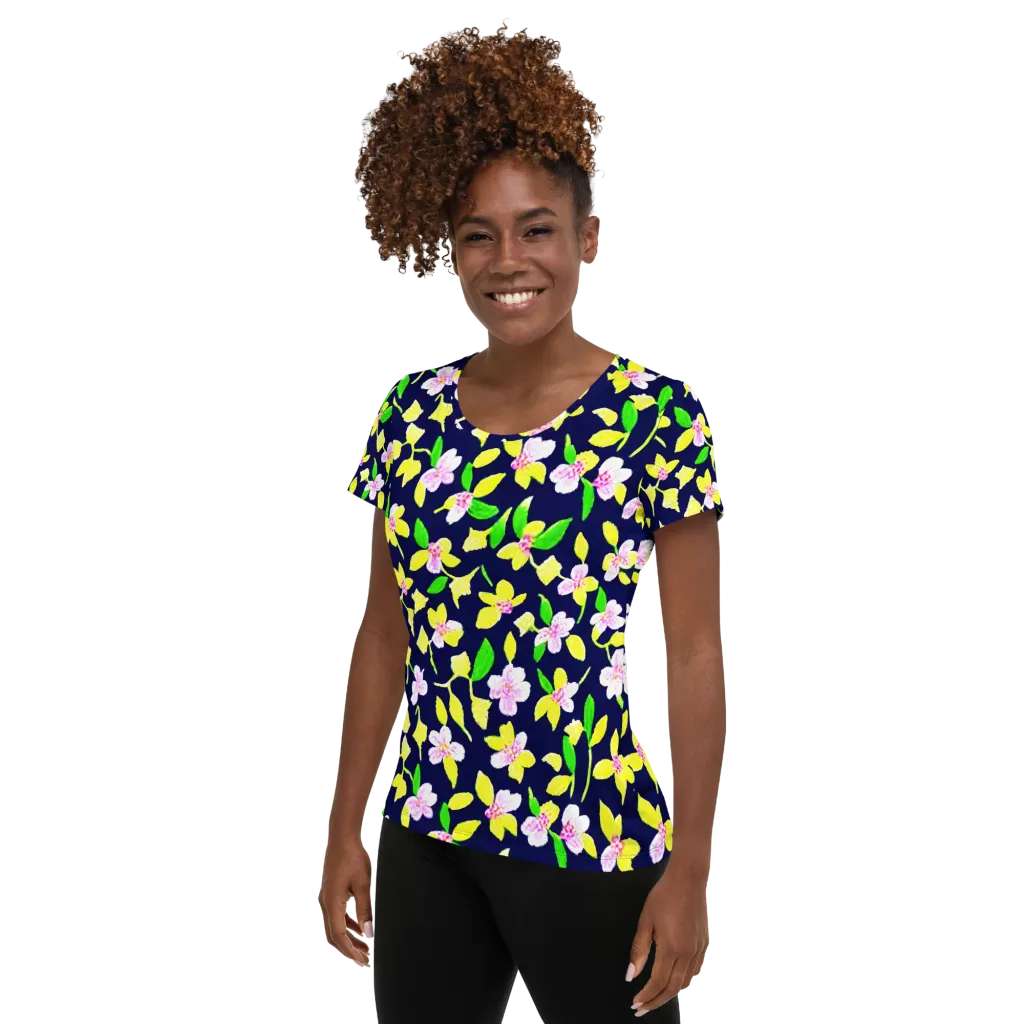 Navy Blossom on Women's Athletic T-Shirt — Left