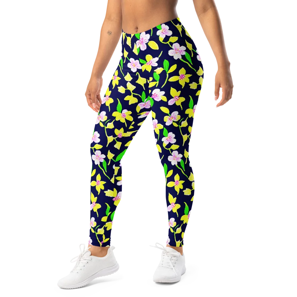 Navy Blossom on Leggings — Left Front