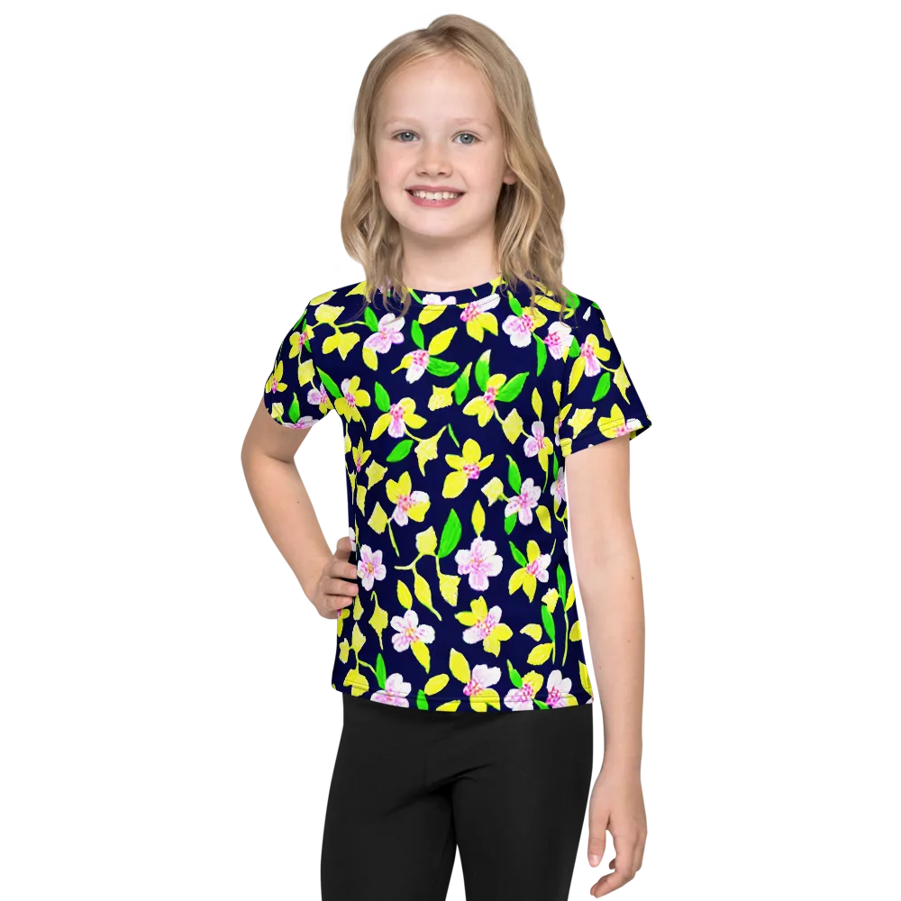 Navy Blossom on Kids Crew Neck T-Shirt — Front