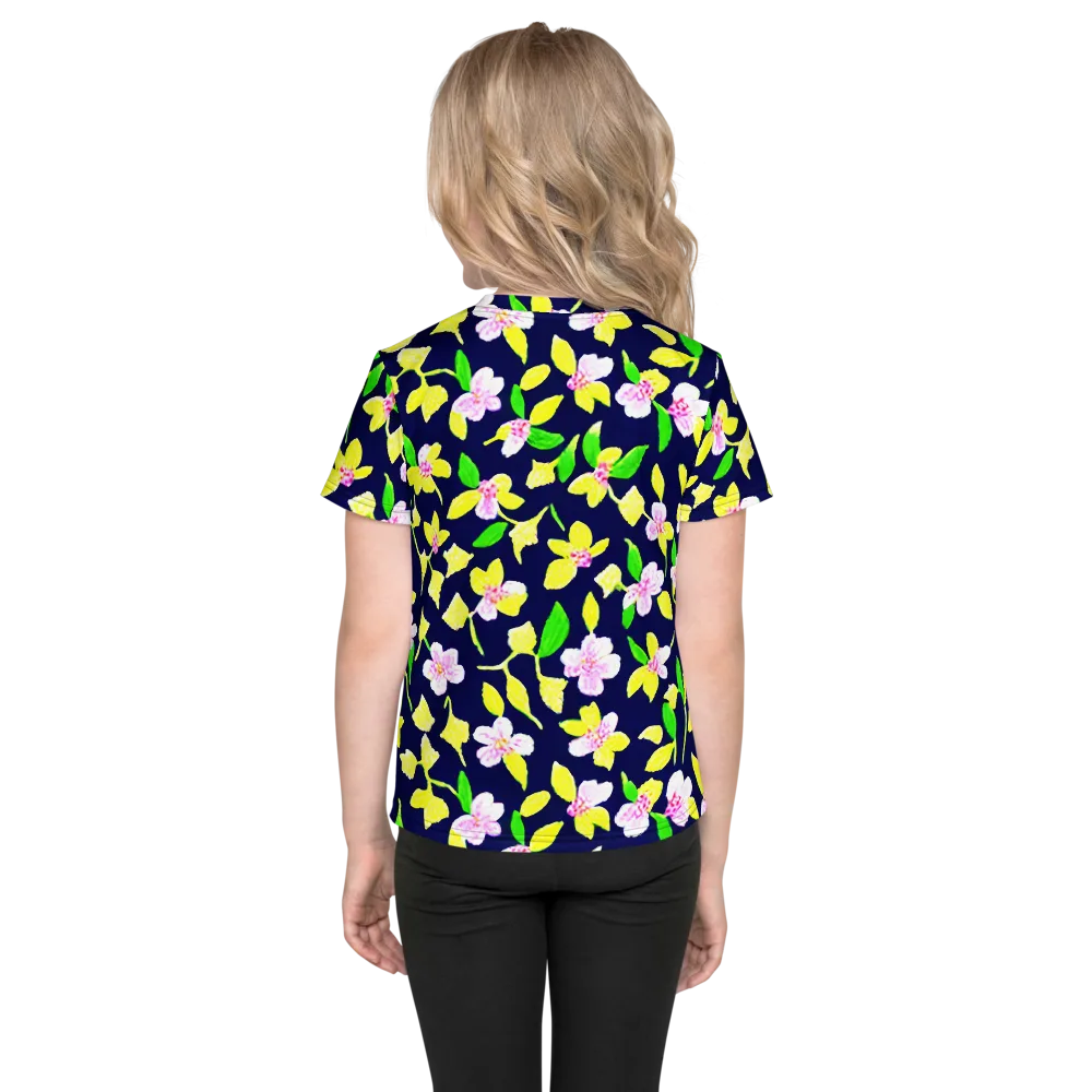 Navy Blossom on Kids Crew Neck T-Shirt — Back