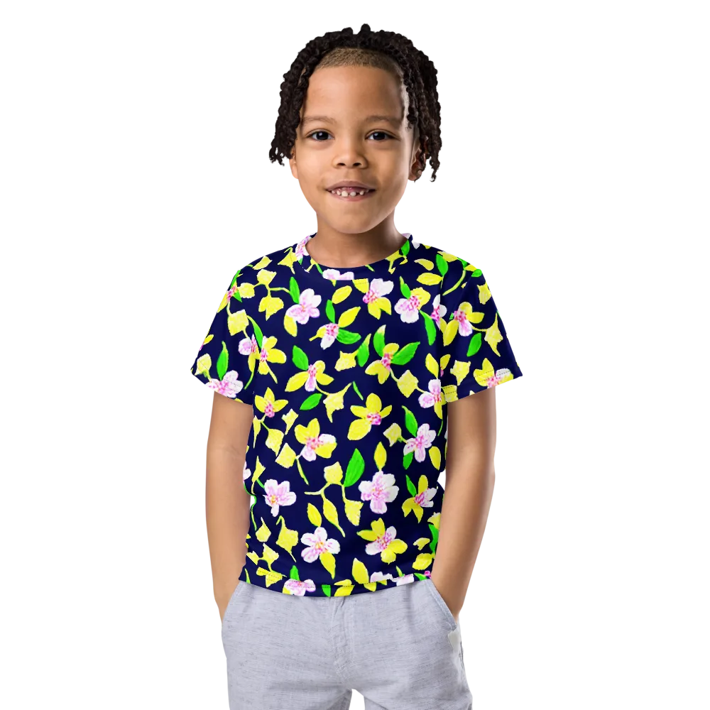 Navy Blossom on Kids Crew Neck T-Shirt — Front