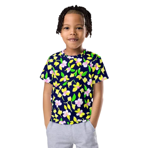 Navy Blossom on a Kids Crew Neck T-Shirt