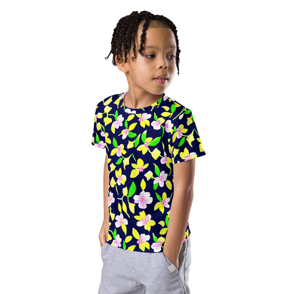 Navy Blossom on Kids Crew Neck T-Shirt — Left Front