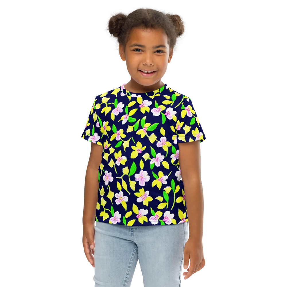 Navy Blossom on Kids Crew Neck T-Shirt — Front