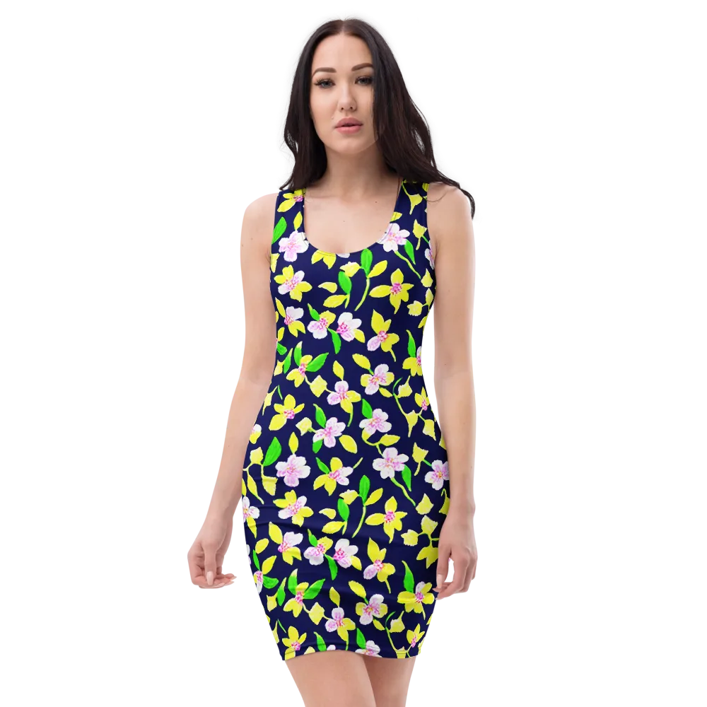 Navy Blossom on Bodycon Dress — Front