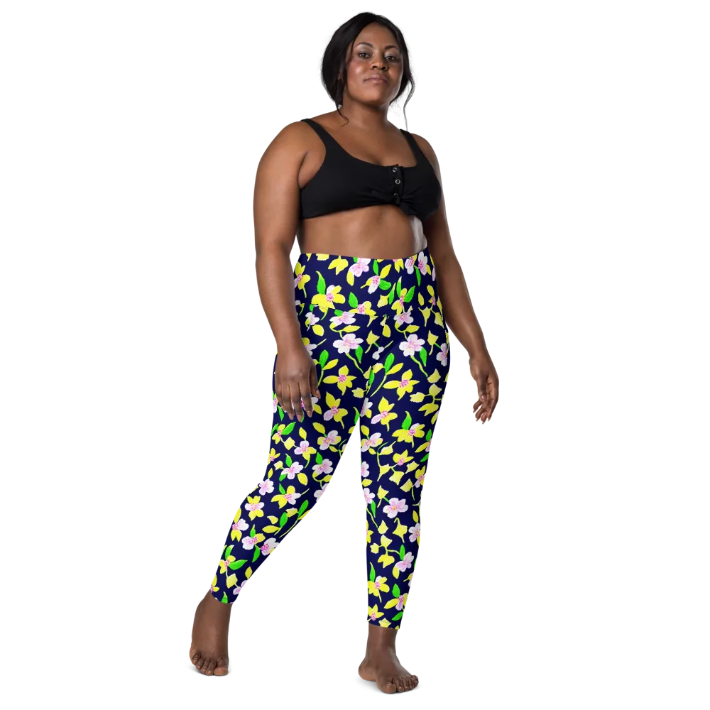 Navy Blossom on Leggings with Pockets — Front