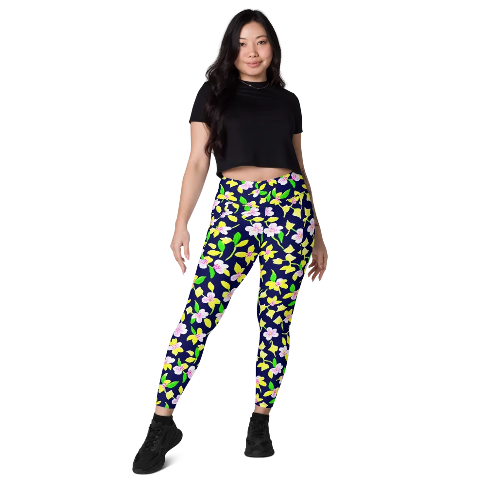 Navy Blossom on Leggings with Pockets — Front
