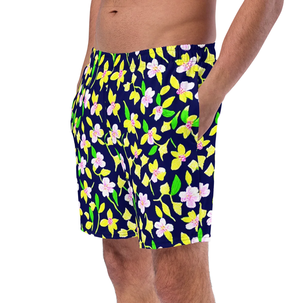 Navy Blossom on Swim Trunks — Left Front