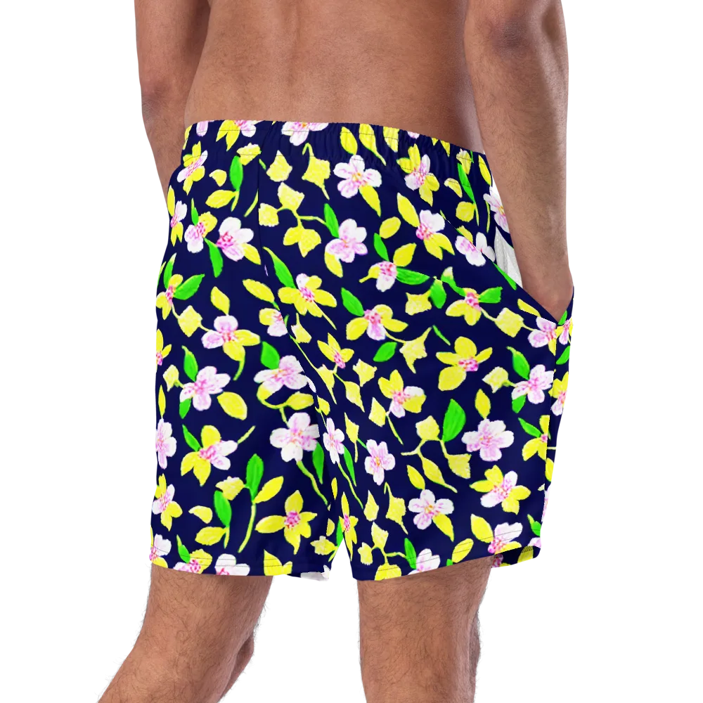 Navy Blossom on Swim Trunks — Right Back