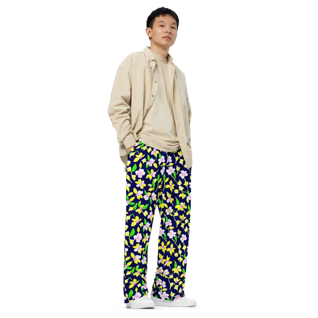 Navy Blossom on Wide-Leg Pants — Right Front