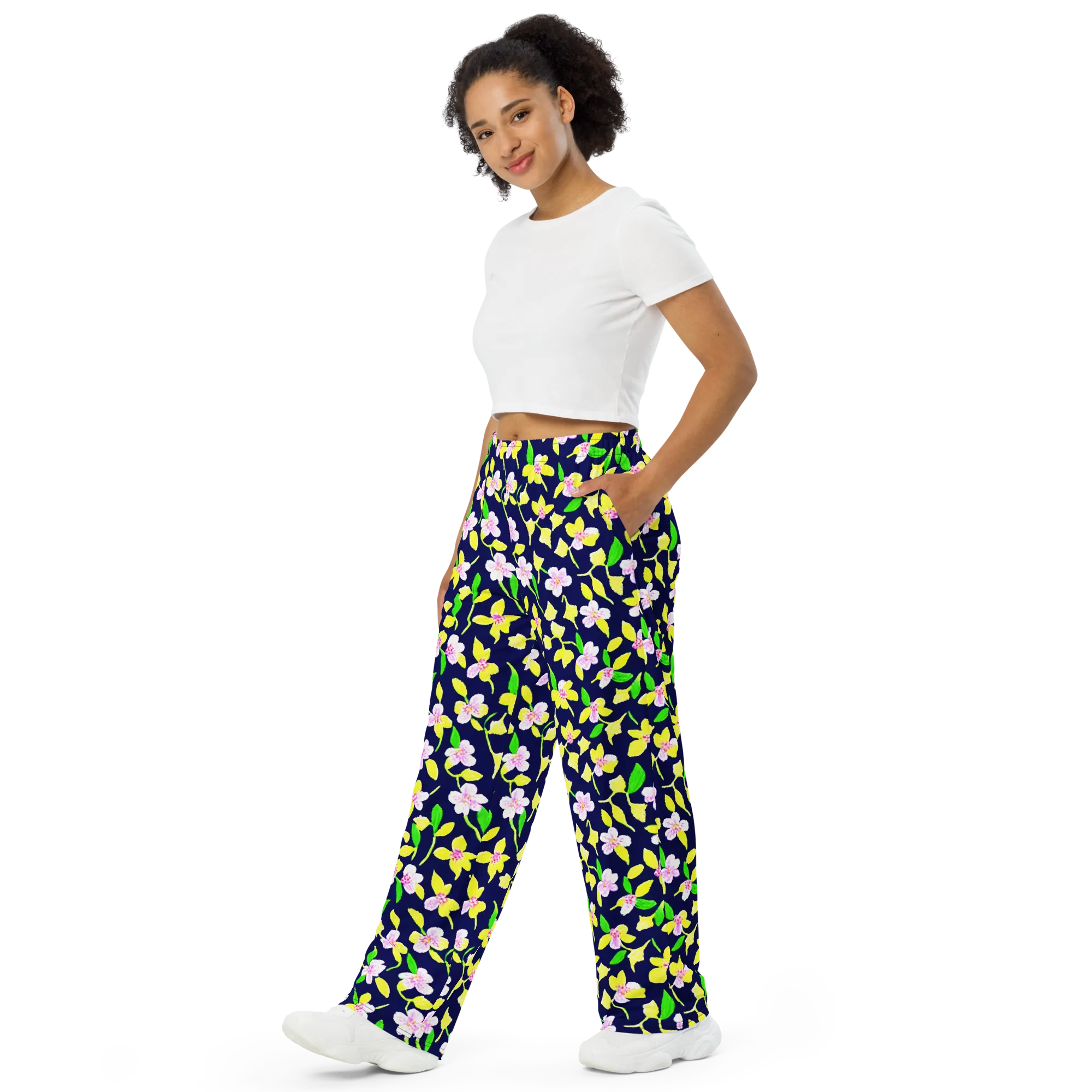 Navy Blossom on Wide-Leg Pants — Left Front