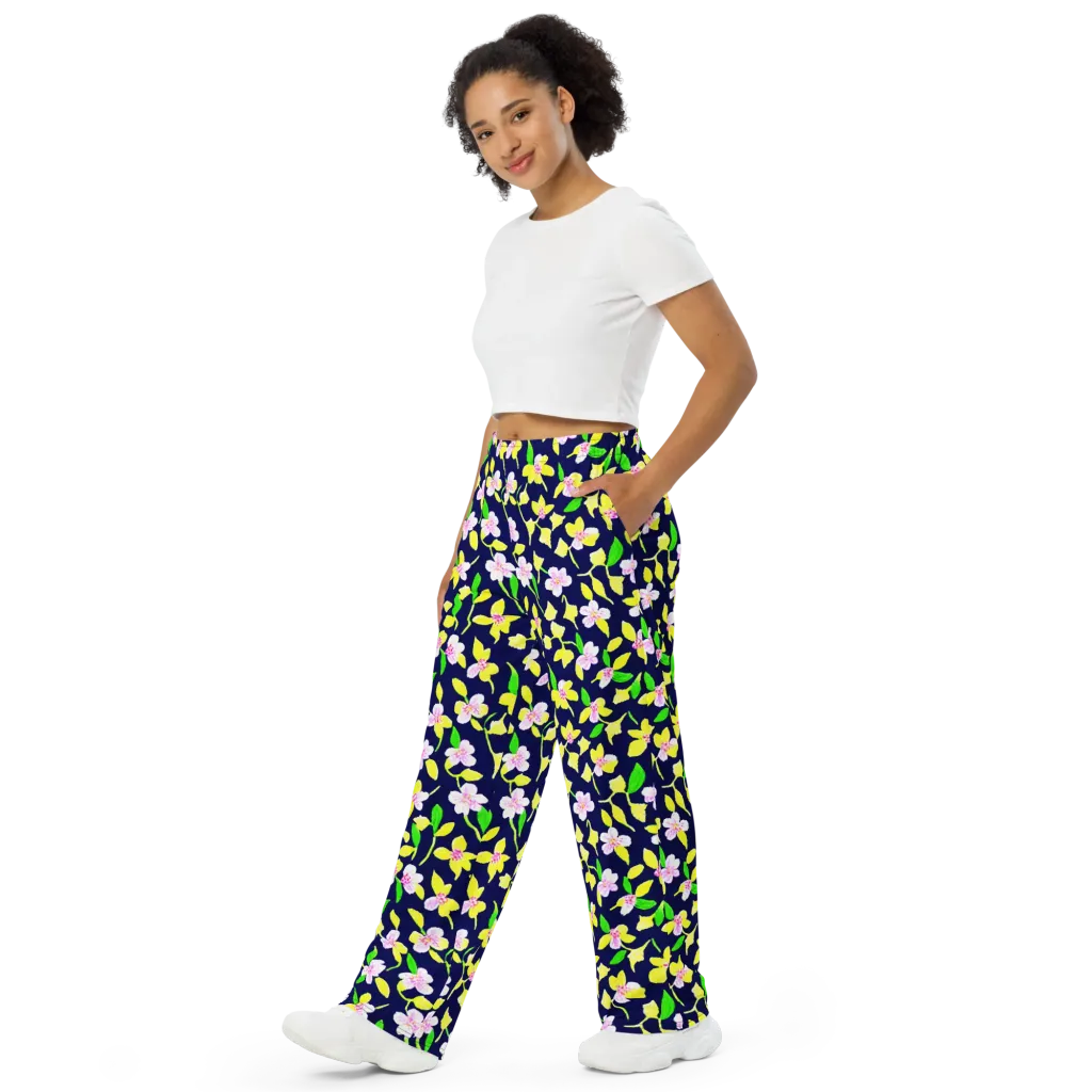 Navy Blossom on Wide-Leg Pants — Left Front