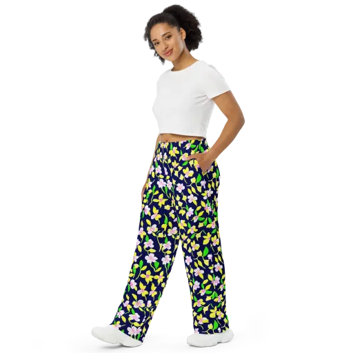 Navy Blossom on a Wide-Leg Pants