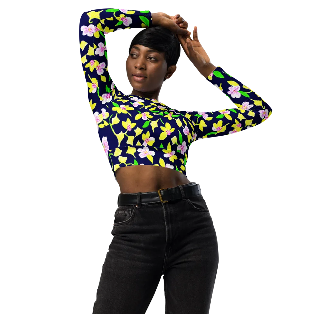 Navy Blossom on Long Sleeve Crop Top — Front