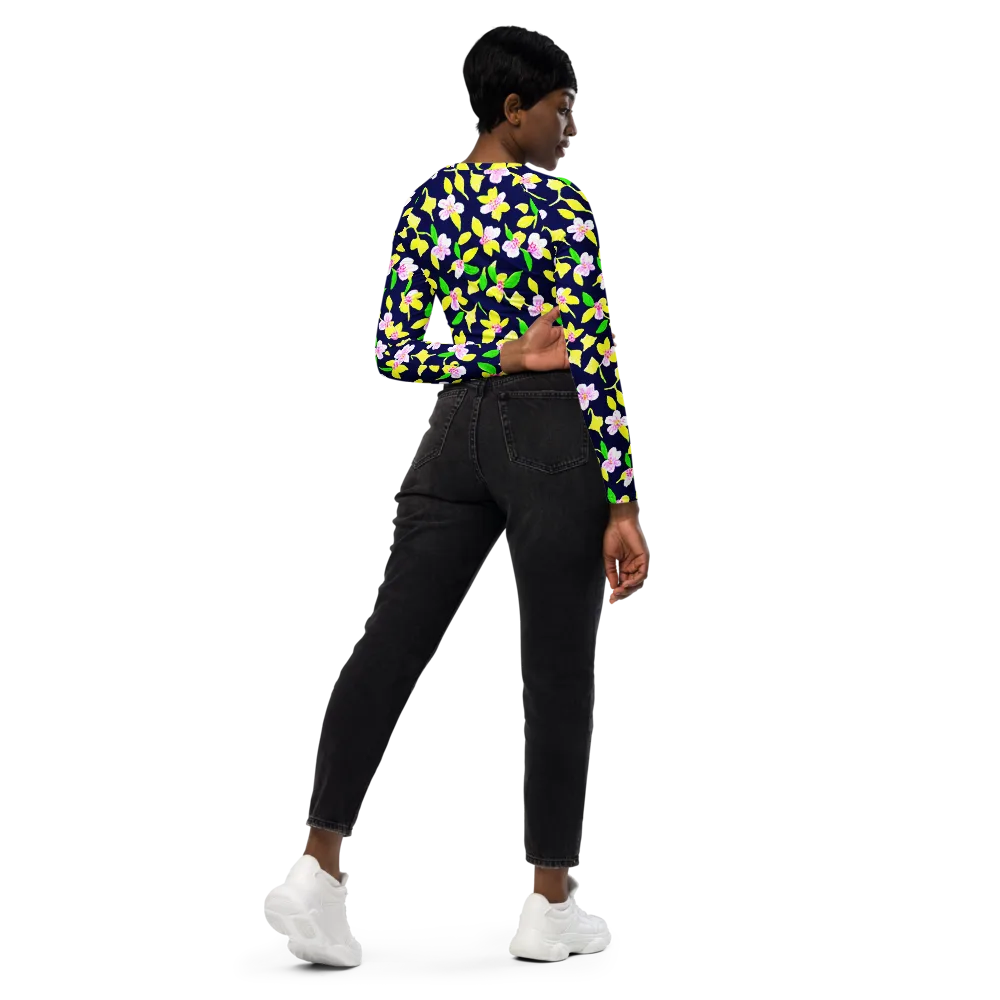 Navy Blossom on Long Sleeve Crop Top — Right Back