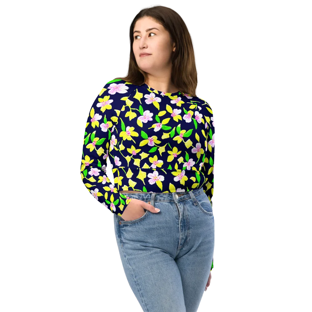 Navy Blossom on Long Sleeve Crop Top — Front