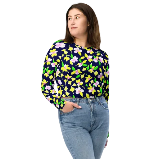 Navy Blossom on a Long Sleeve Crop Top