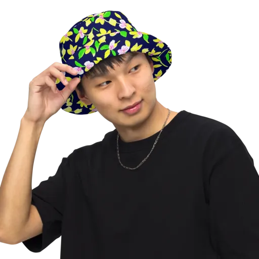 Navy Blossom on a Reversible Bucket Hat