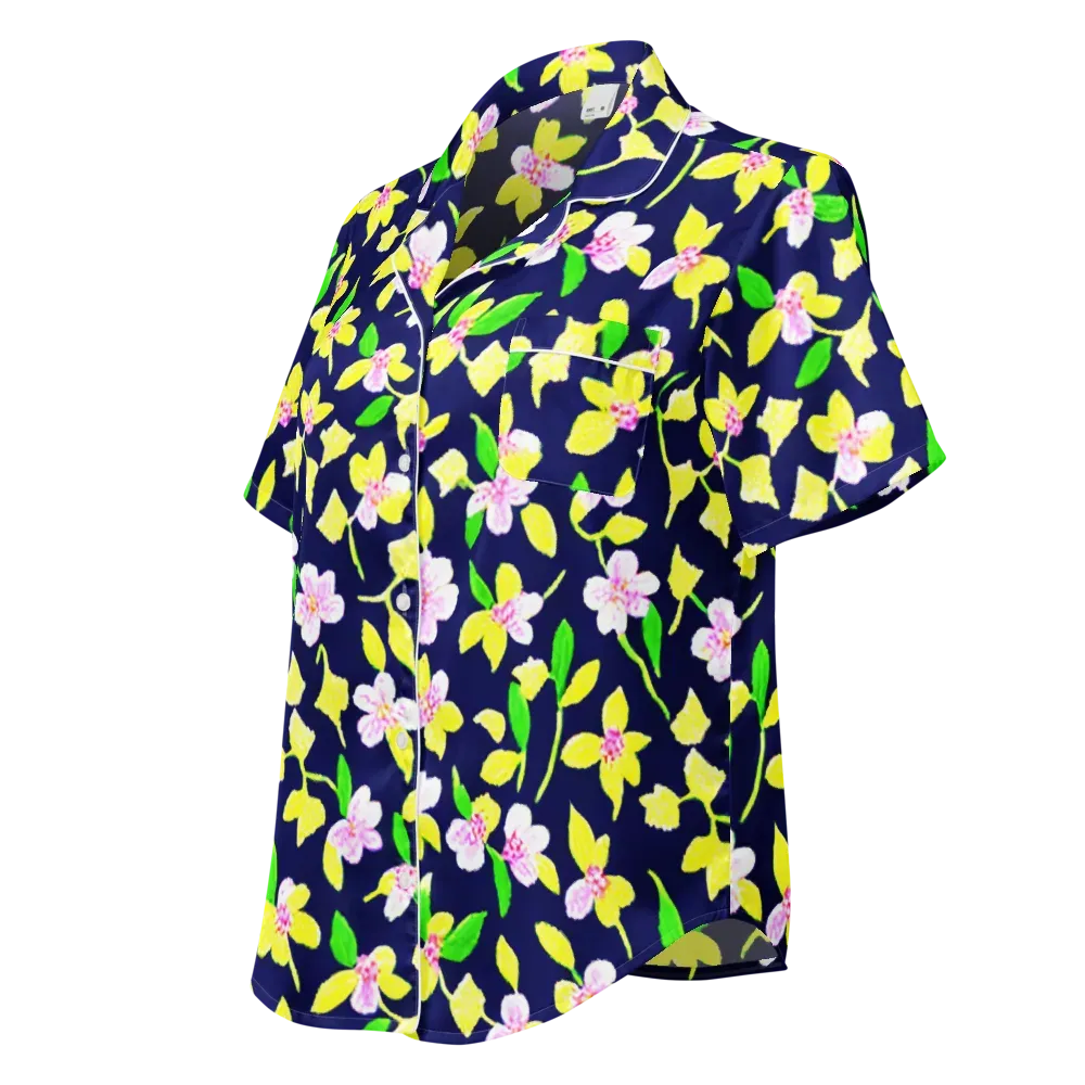Navy Blossom on Women's Short Sleeve Pajama Top — Left Front