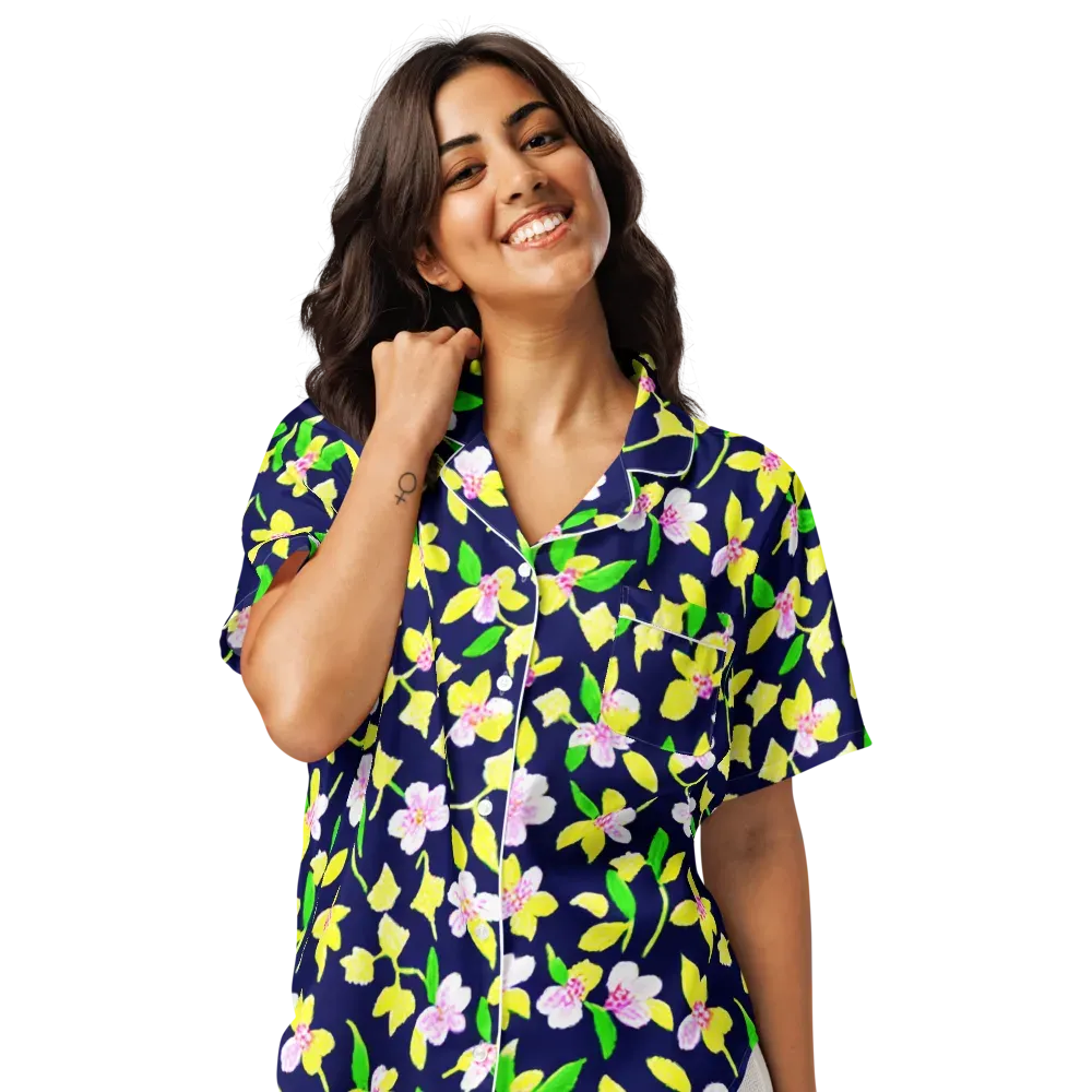 Navy Blossom on Women's Short Sleeve Pajama Top — Front