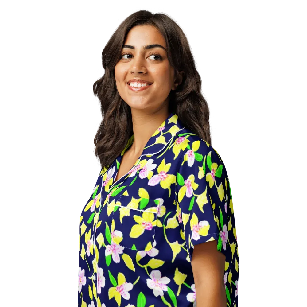 Navy Blossom on Women's Short Sleeve Pajama Top — Left Front