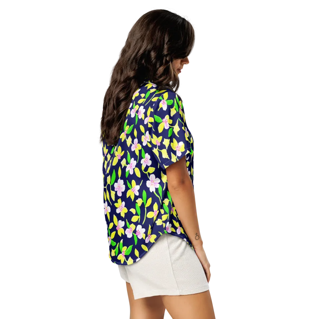Navy Blossom on Women's Short Sleeve Pajama Top — Right Back