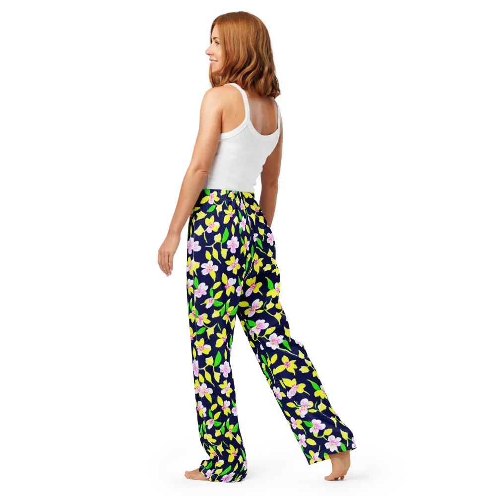 Navy Blossom on Women's Pajama Pants — Back