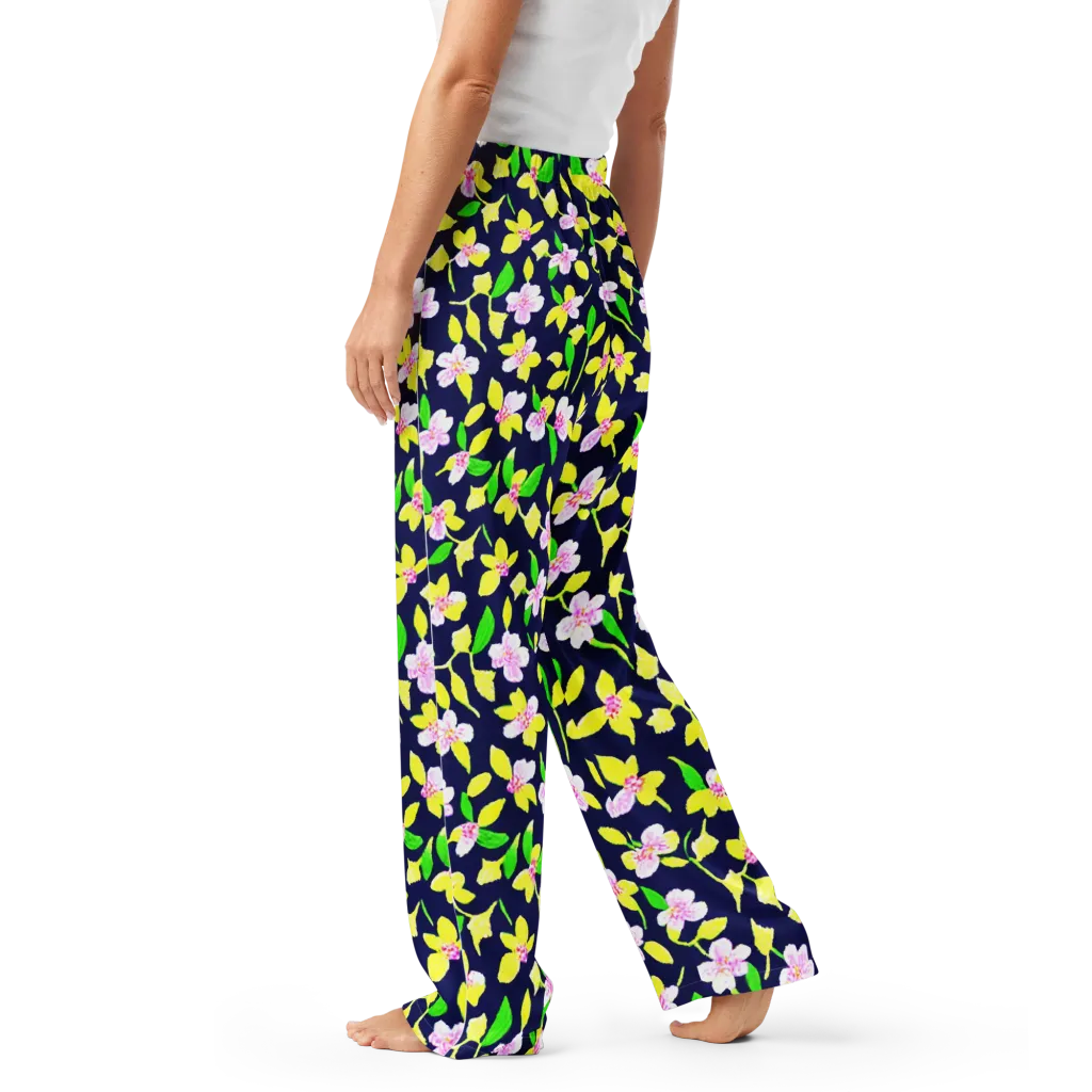 Navy Blossom on Women's Pajama Pants — Left