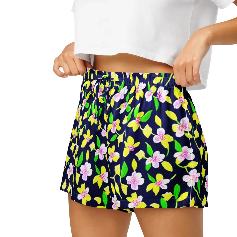 Navy Blossom on Women's Pajama Shorts — Left