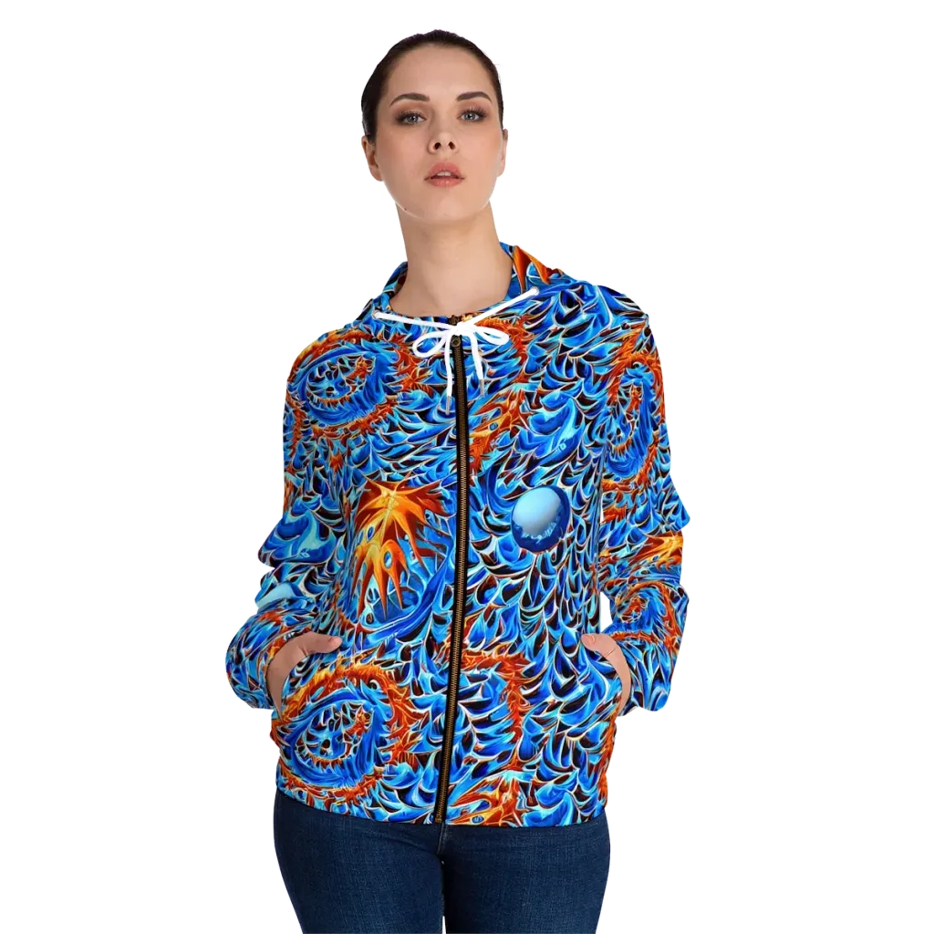 Blue Flame Reef on Women's Full-Zip Hoodie — Front On Person