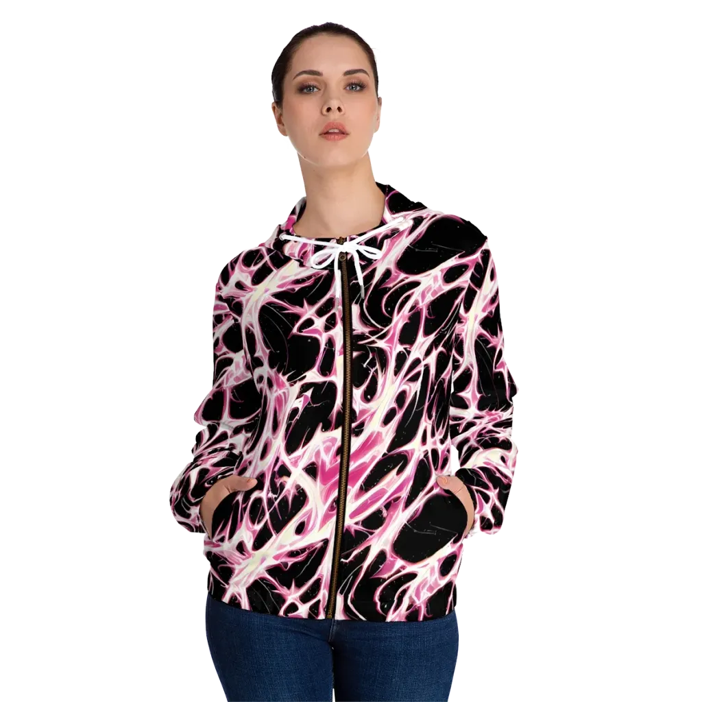 Fuchsia Fracture on Women's Full-Zip Hoodie — Front On Person