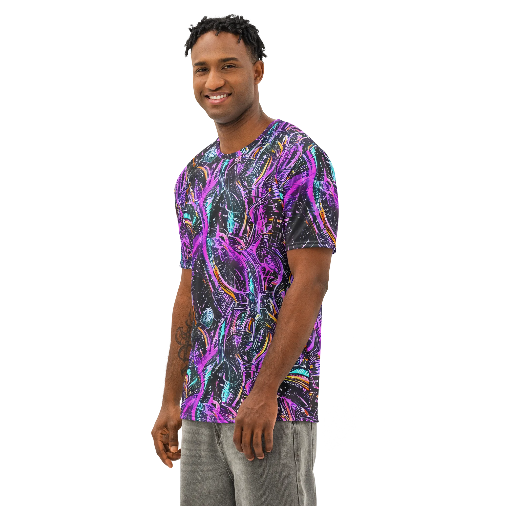 Prismatic Machine on Men's Cotton Crew Neck T-Shirt — Left Front