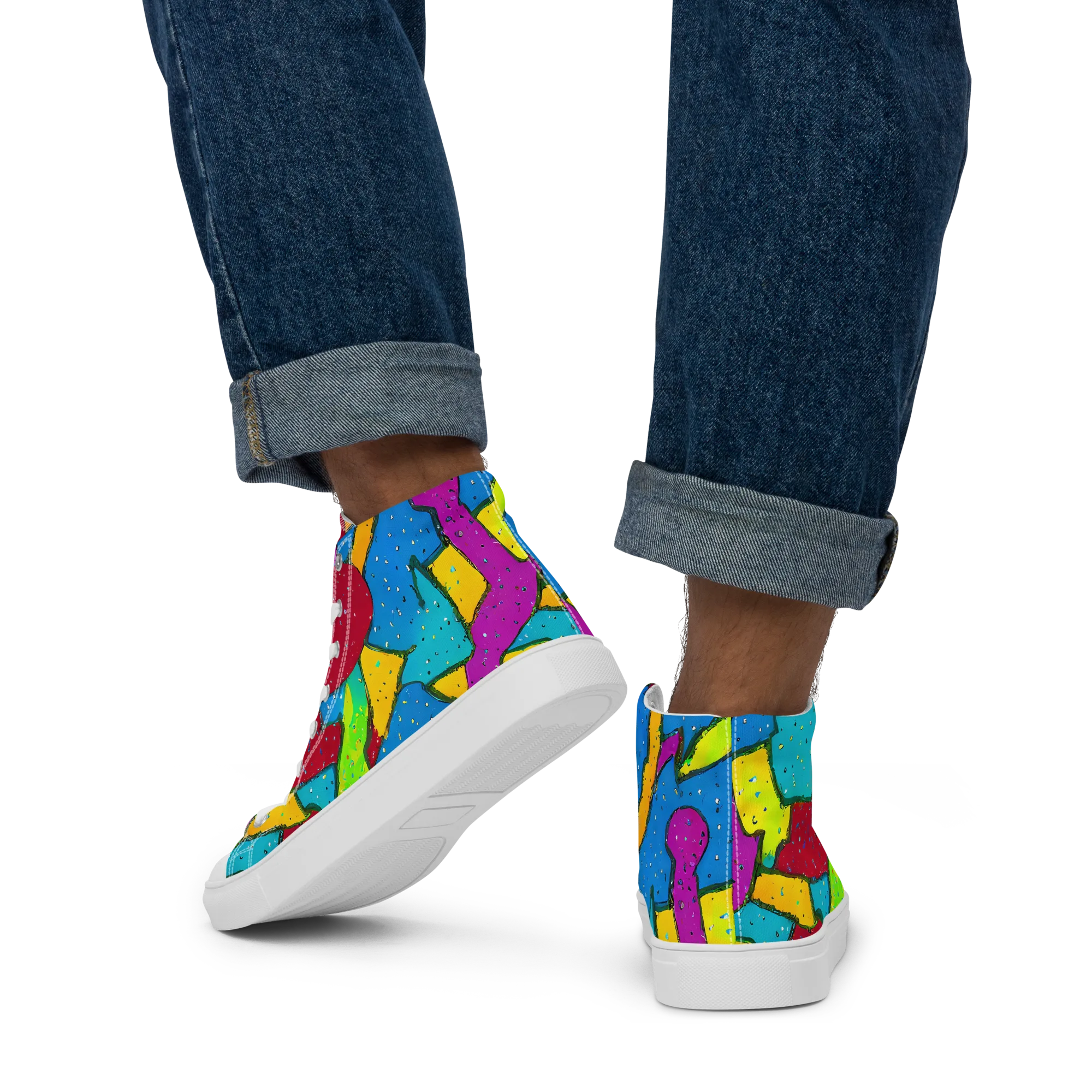 Pop Kaleidoscope on Men's High Top Canvas Shoes — Back