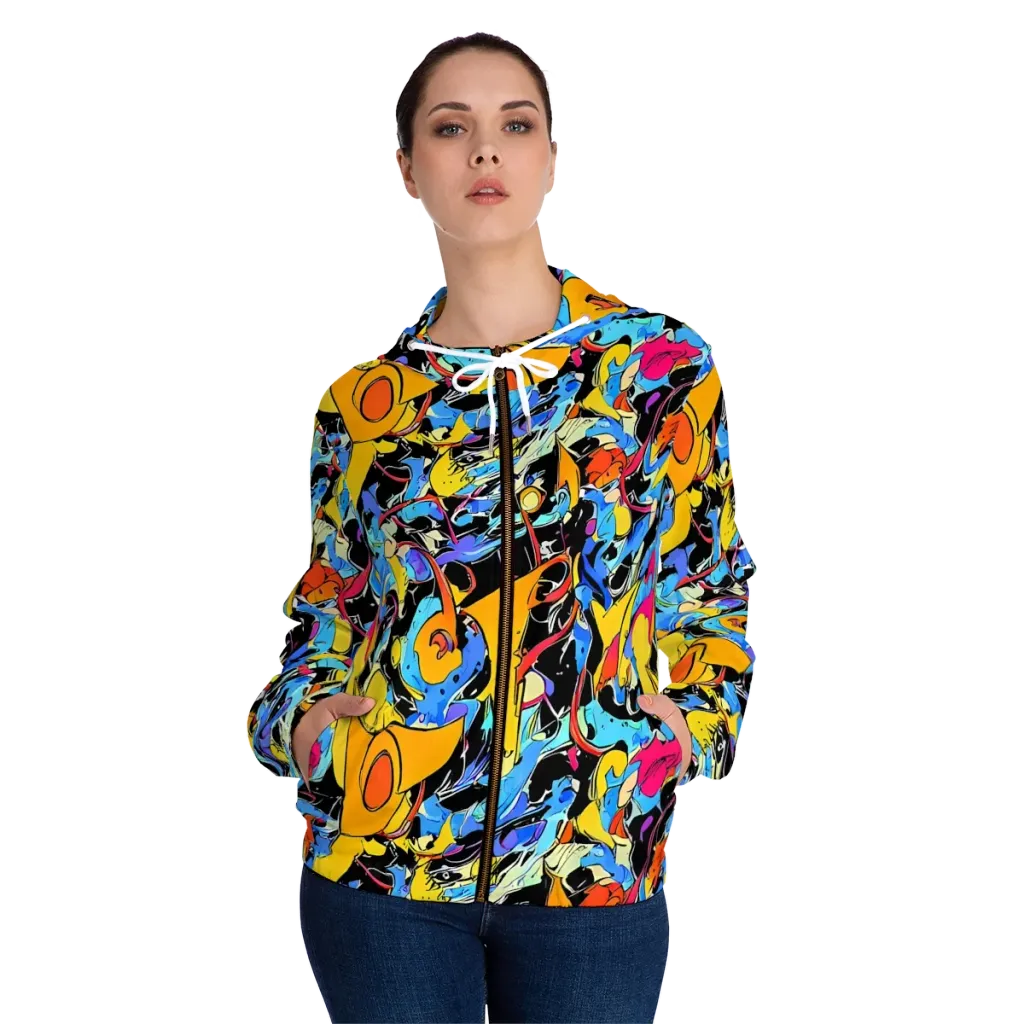 Atomic Whirl on Women's Full-Zip Hoodie — Front On Person