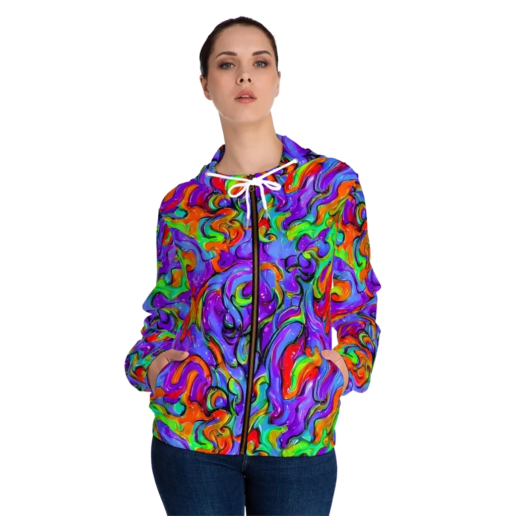 Vivid Meltdown on Women's Full-Zip Hoodie — Front On Person