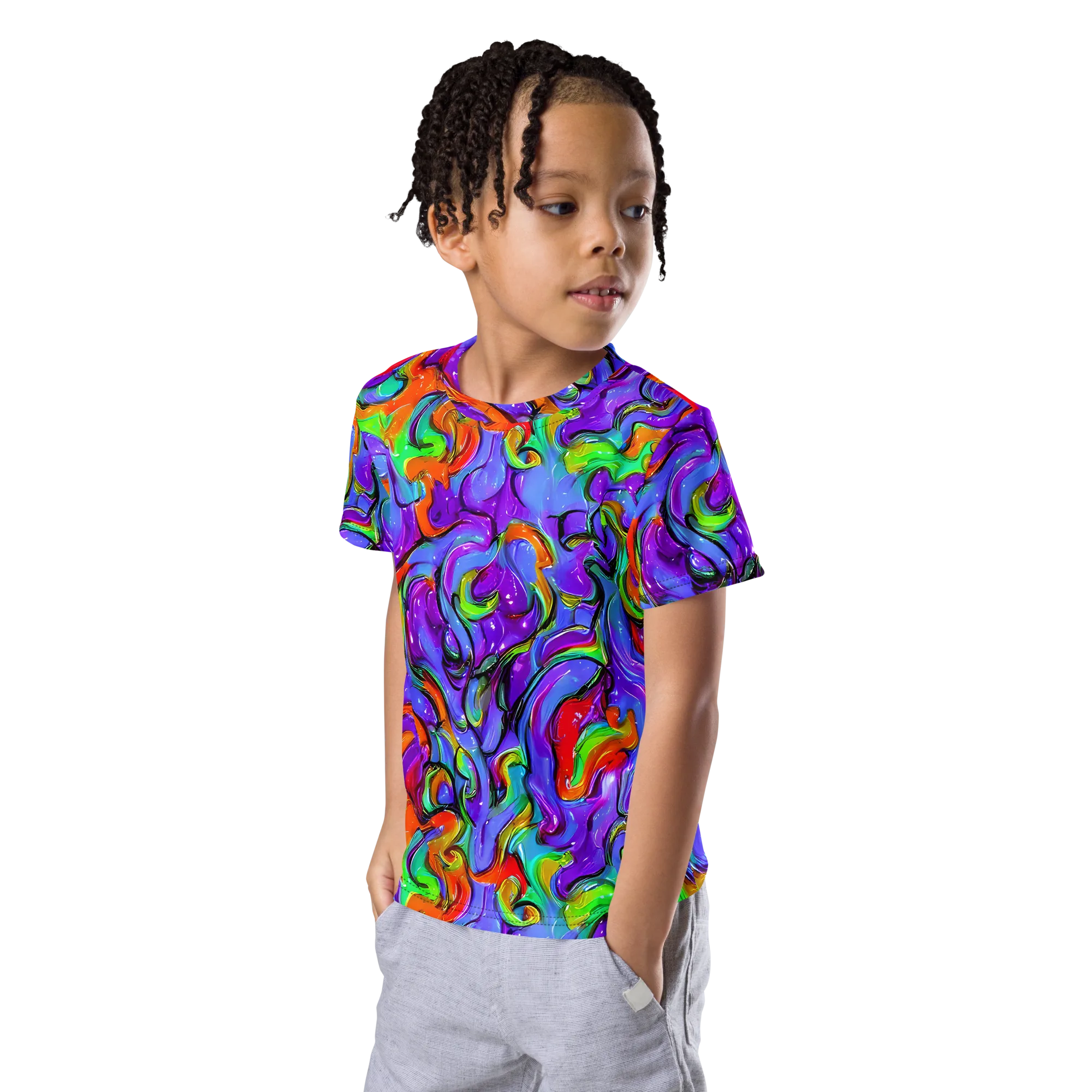 Vivid Meltdown on Kids Crew Neck T-Shirt — Left Front