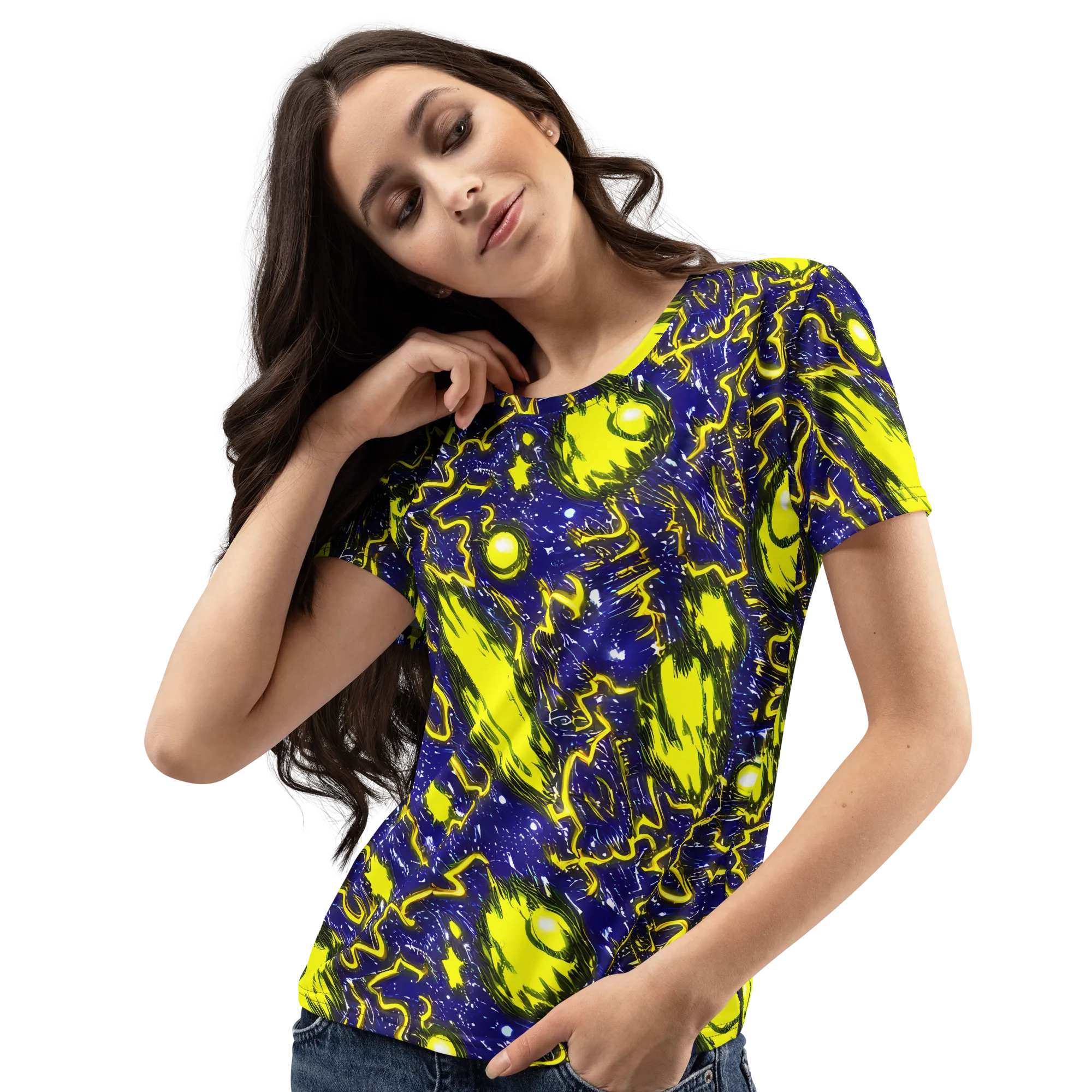 Neon Comet Riot on Women's Crew Neck T-Shirt — Left Front