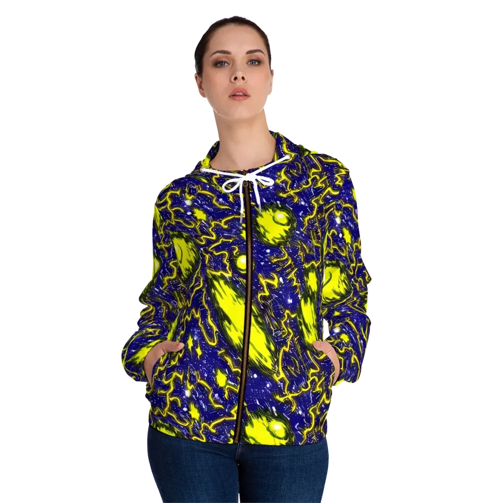 Neon Comet Riot on Women's Full-Zip Hoodie — Front On Person