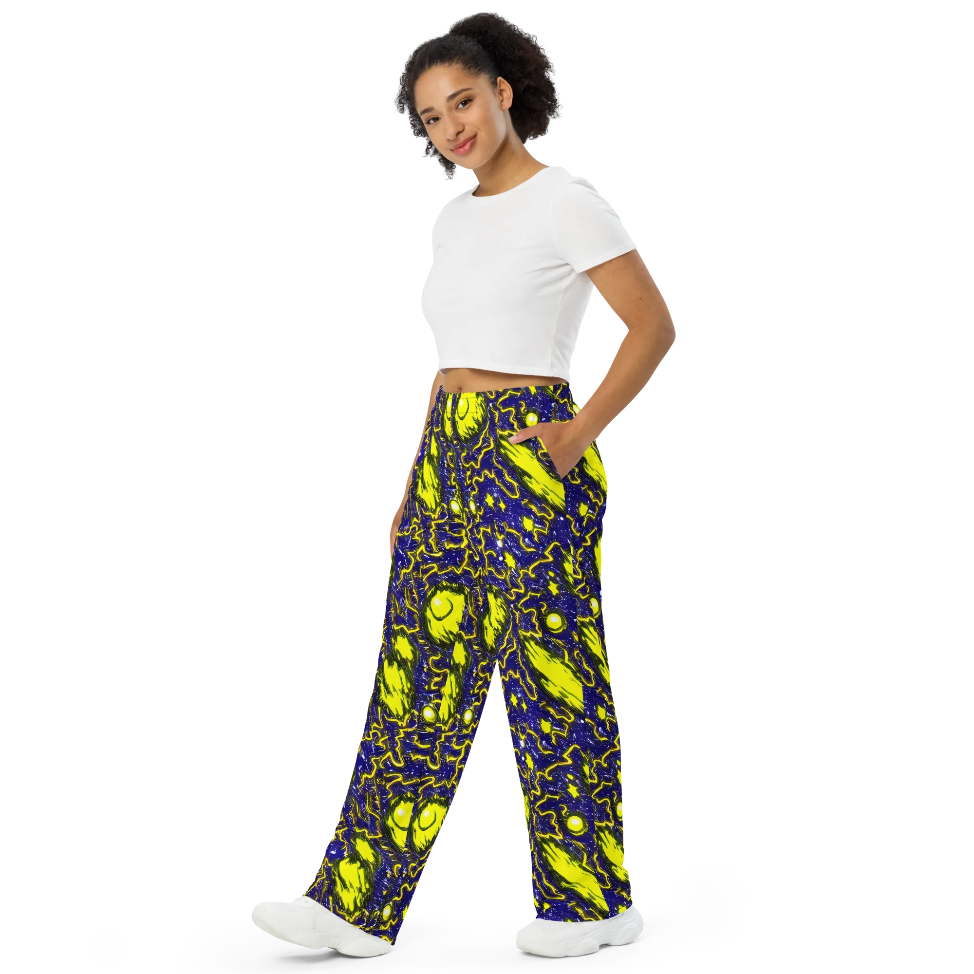 Neon Comet Riot on Wide-Leg Pants — Left Front