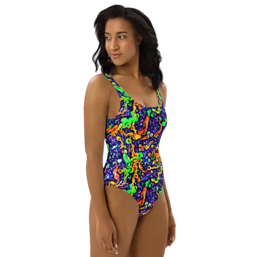Aurora in Motion on a One-Piece Swimsuit