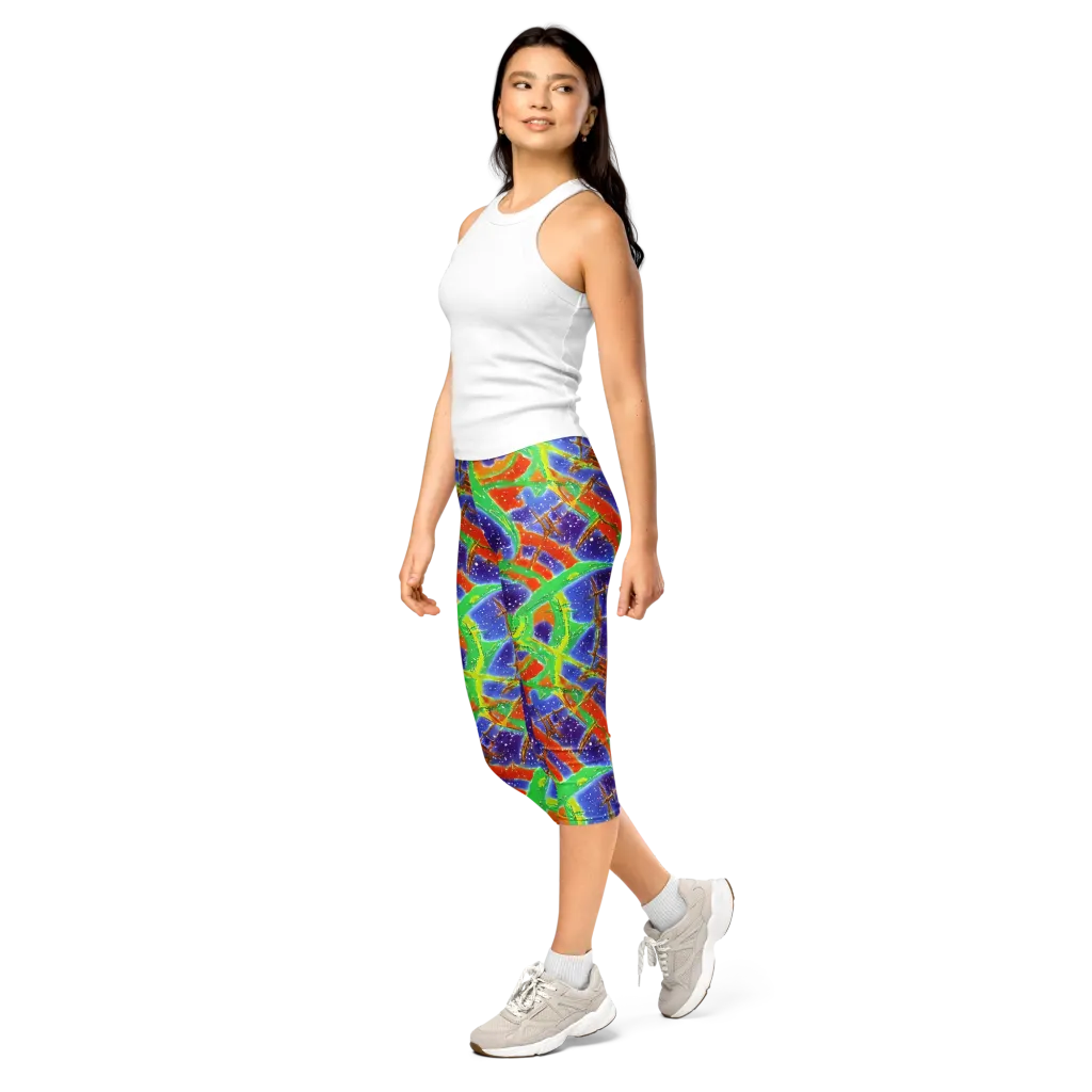 Blue Ember Maze on Capri Leggings — Left Front