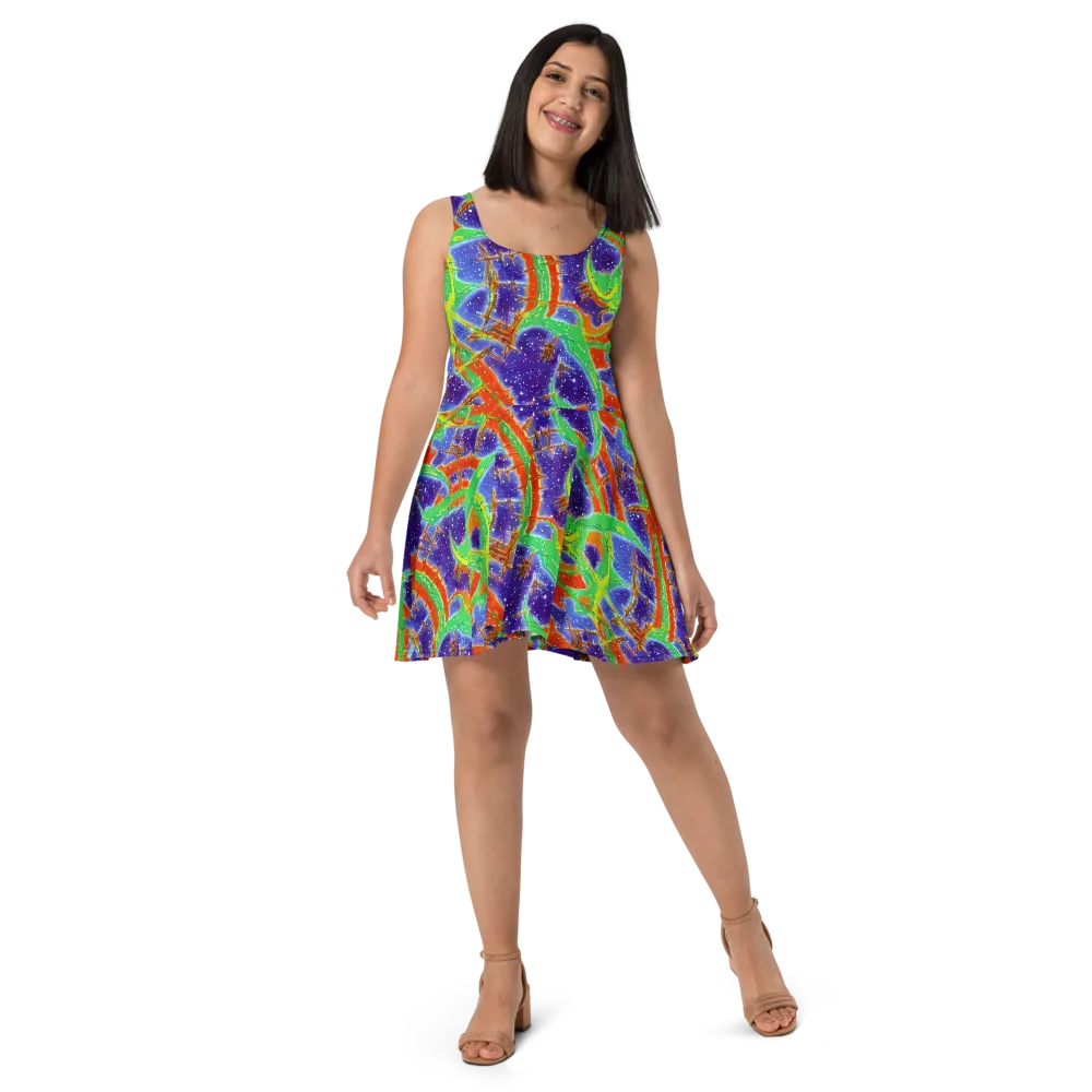 Blue Ember Maze on Skater Dress — Front