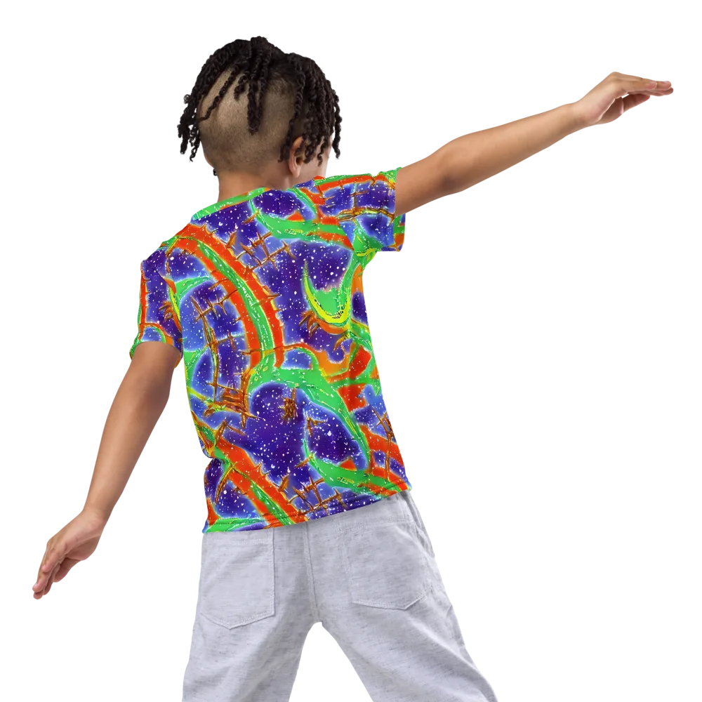 Blue Ember Maze on Kids Crew Neck T-Shirt — Back
