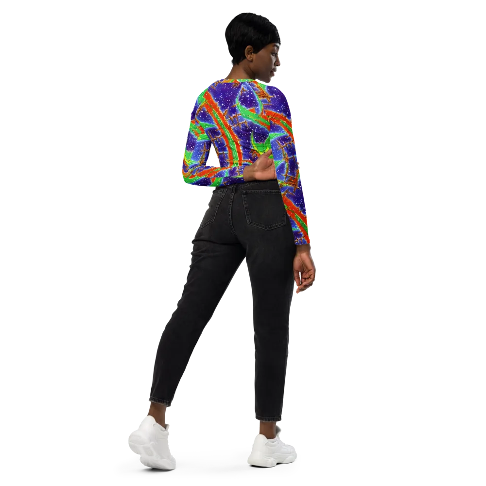 Blue Ember Maze on Long Sleeve Crop Top — Right Back
