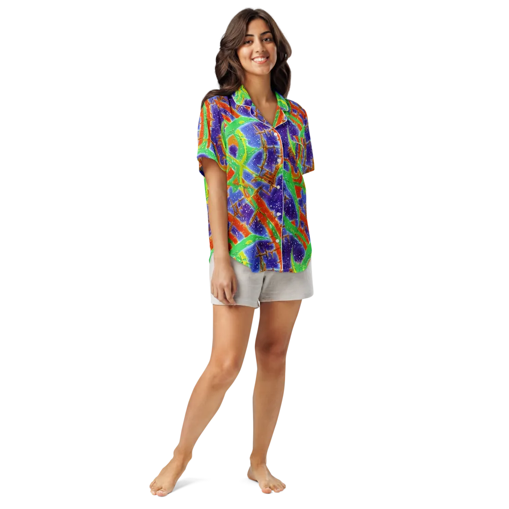 Blue Ember Maze on Women's Short Sleeve Pajama Top — Front