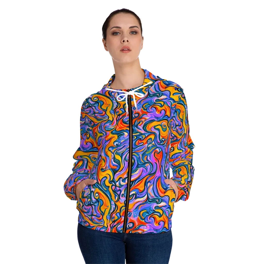 Kaleidoscopic Flux on Women's Full-Zip Hoodie — Front On Person