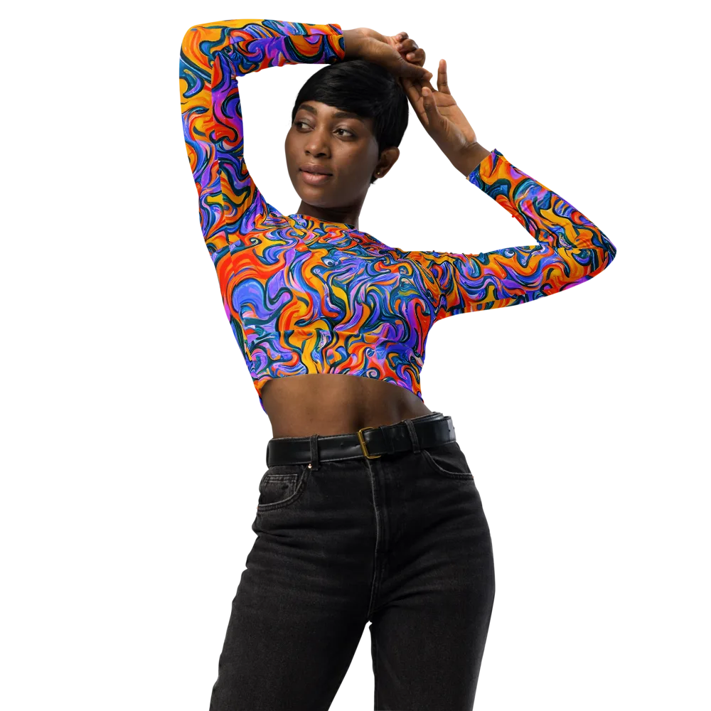 Kaleidoscopic Flux on Long Sleeve Crop Top — Front