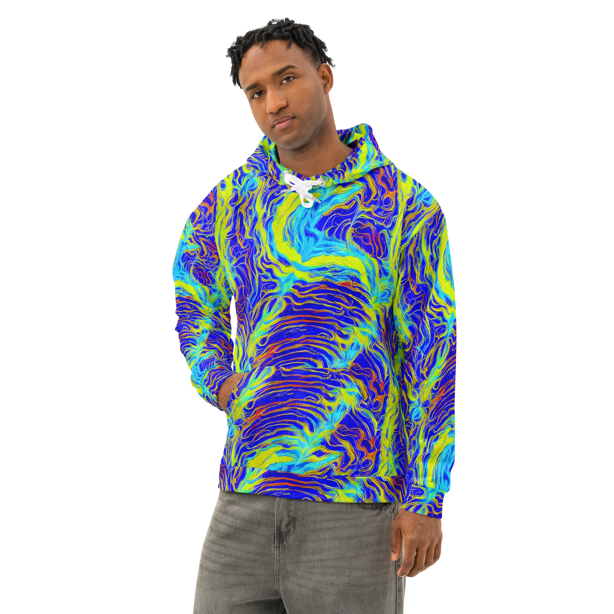 Sapphire Vortex on Cotton Hoodie — Left Front