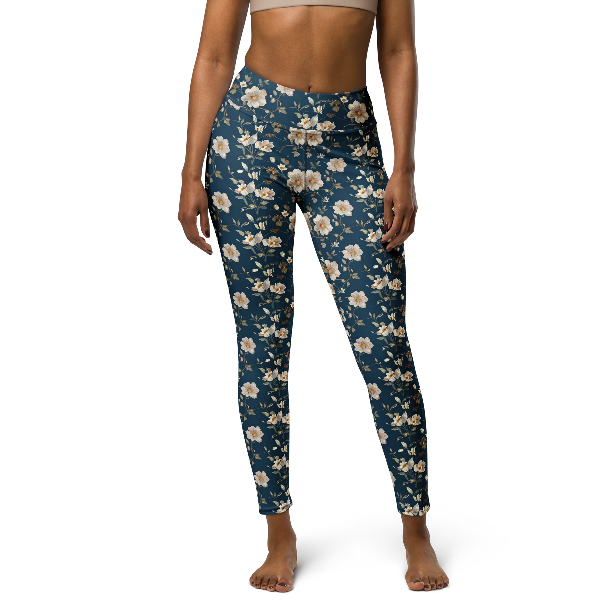 Navy Garden Reverie on Yoga Leggings — Front